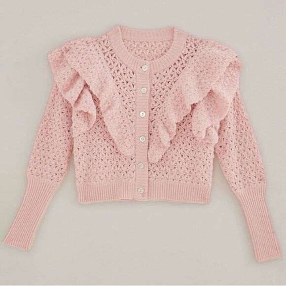 NEW FARM Rio Pink Flower Texture Knit Cardigan Sweater Button Ruffle Size L - Picture 6 of 16